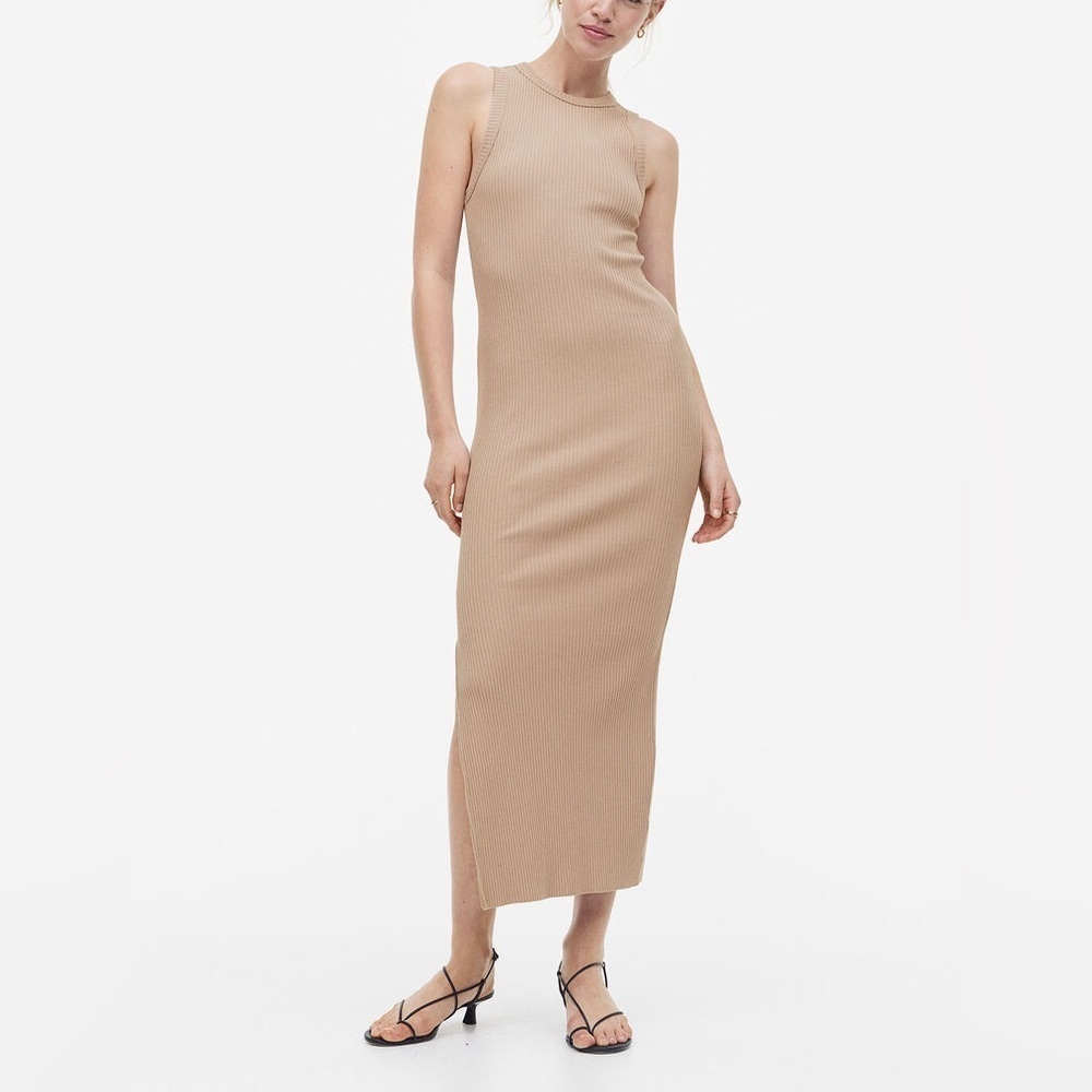 H&M Women’s Tan Ribbed Jersey Dress Side Split Midi Casual Sleeveless Sz M